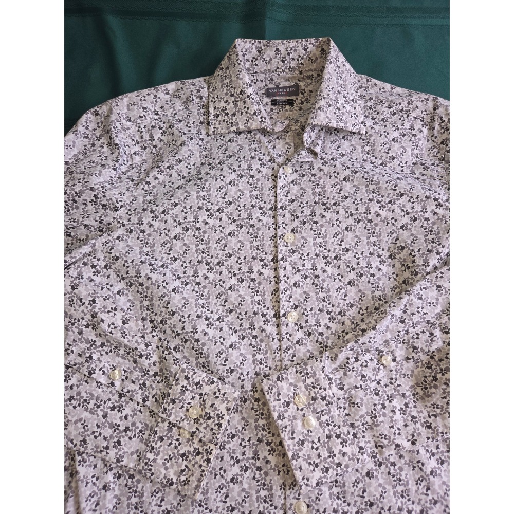 Van Heusen Flex Slim Fit Stretch Shirt Mens 15 32/33 M Grey Floral Button Down